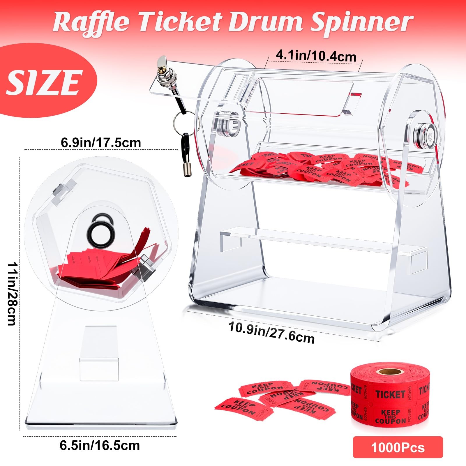 Acrylic Raffle Drum, Clear Raffle Ticket Box Drum Spinner Cage with 1000 Tick...