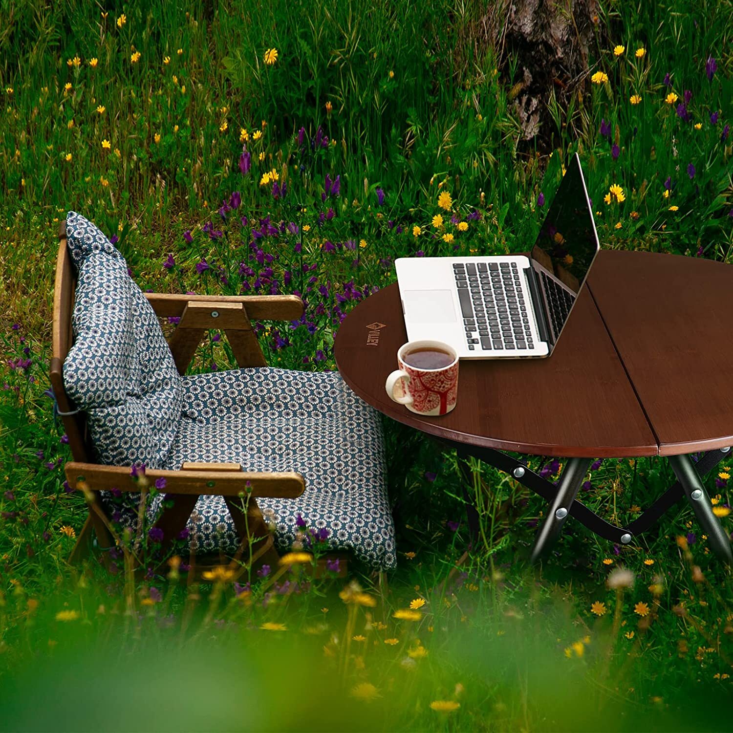 VILLEY Bamboo Round Folding Table with Carrying Bag Half-fold Portable Aluminum