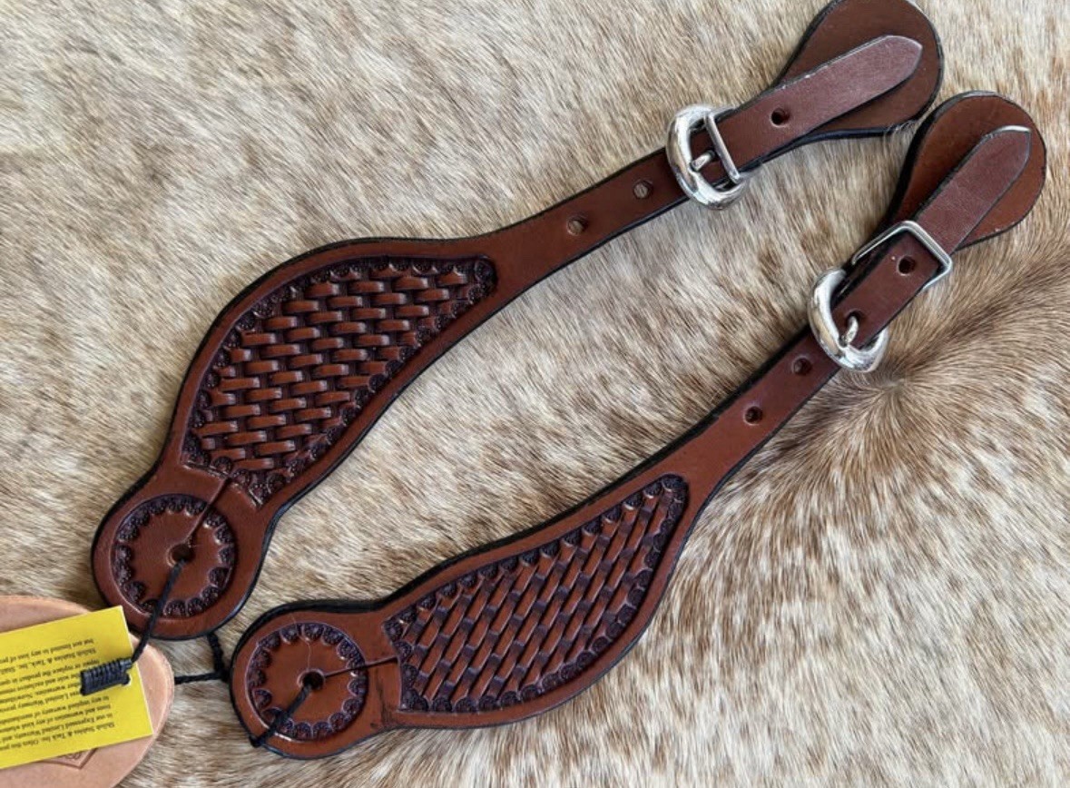 Adult Size Basketweave Tooled Top Grain Leather Western PAIR Spur Straps