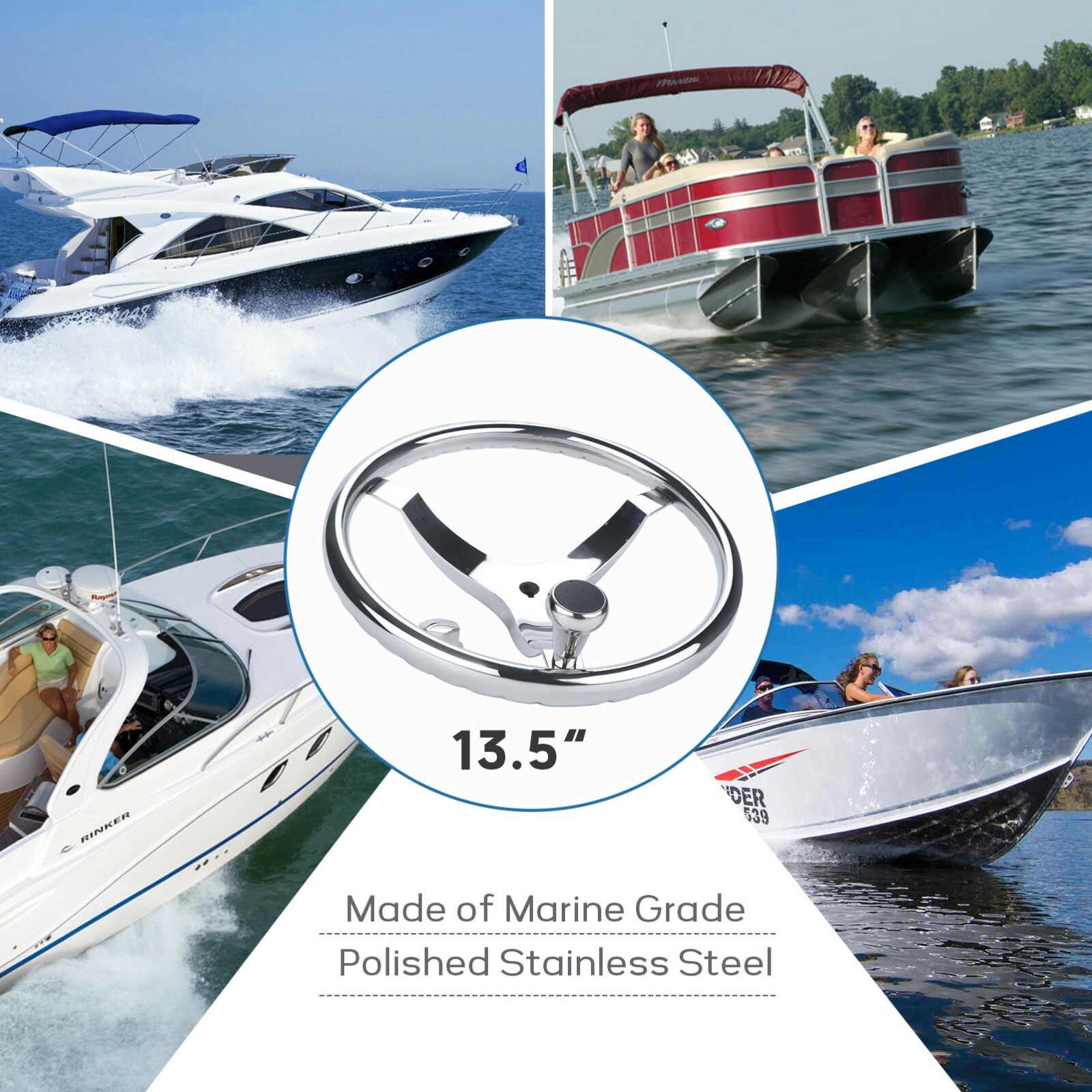 Marine Stainless Steel 13.5 inch Boat Steering Wheel 3 Spokes w/Knob Nut