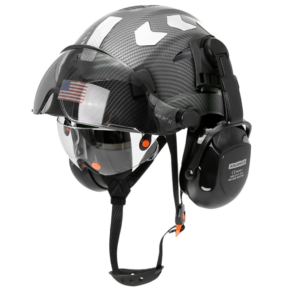 Carbon Fiber Safety Helmet With Build in Visor Earmuffs and Reflective Stickers