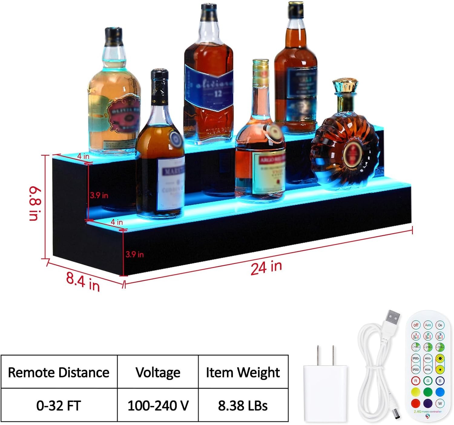 2-Tier LED Lighted Liquor Shelf 24" Acrylic Wine Rack Bottle Display Shelves