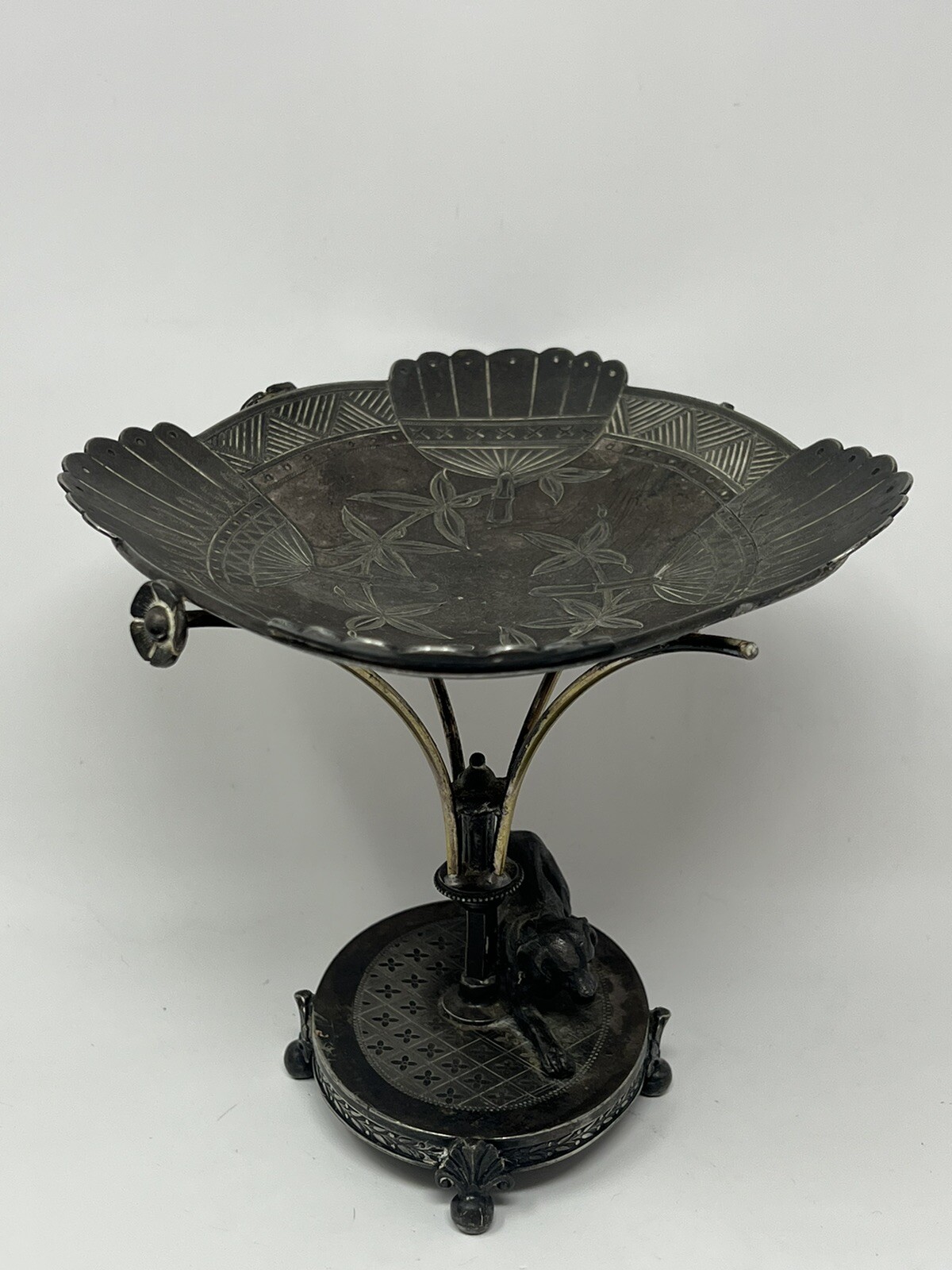 Antique Dog Figural Calling Card ? Silver Plate Tray Stand Simpson Hall Miller