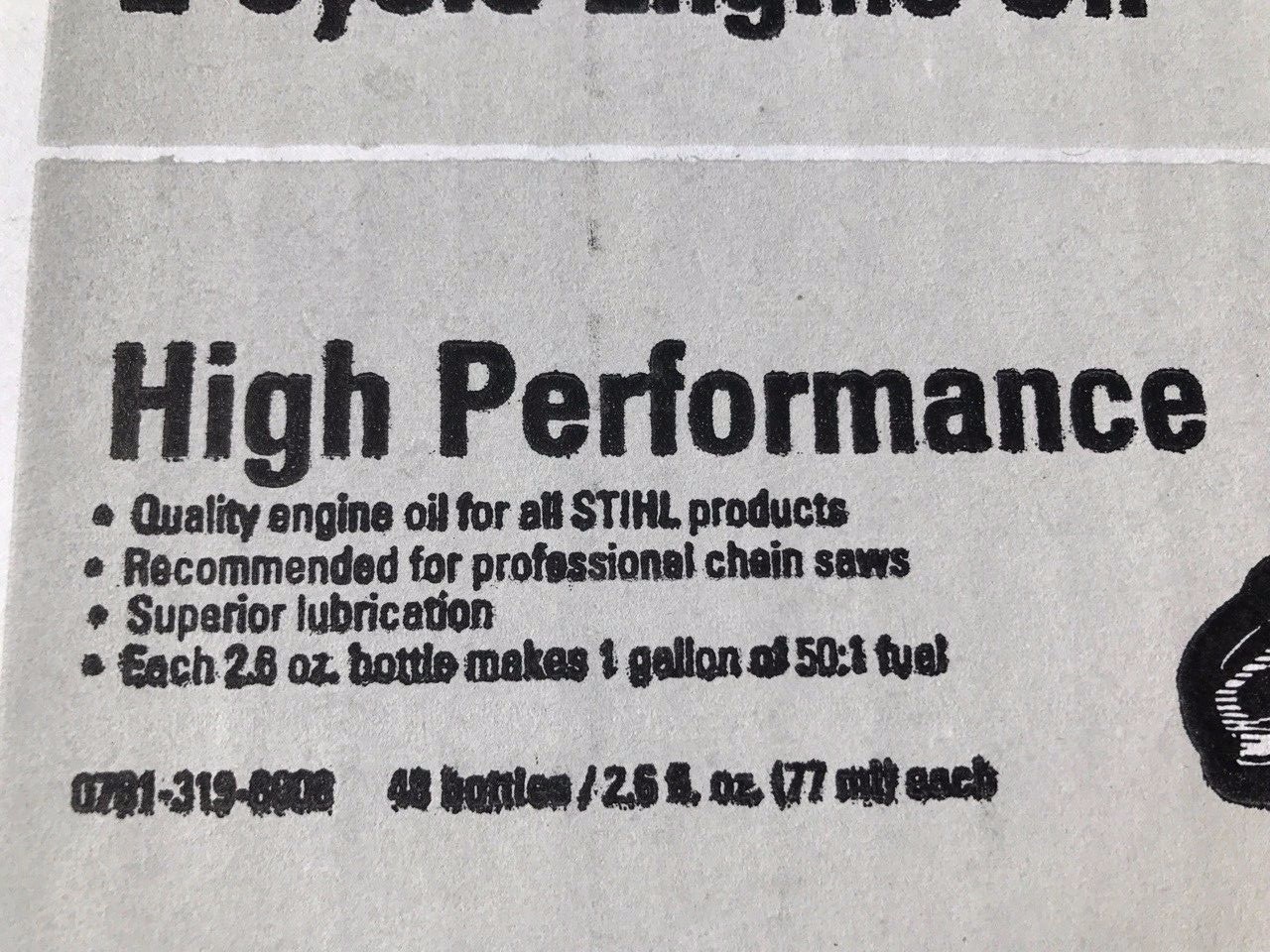 STIHL HIGH PERFORMANCE 2-CYCLE ENGINE OIL, 1 GAL MIX 2.6 OUNCE BOTTLES, 48 CS