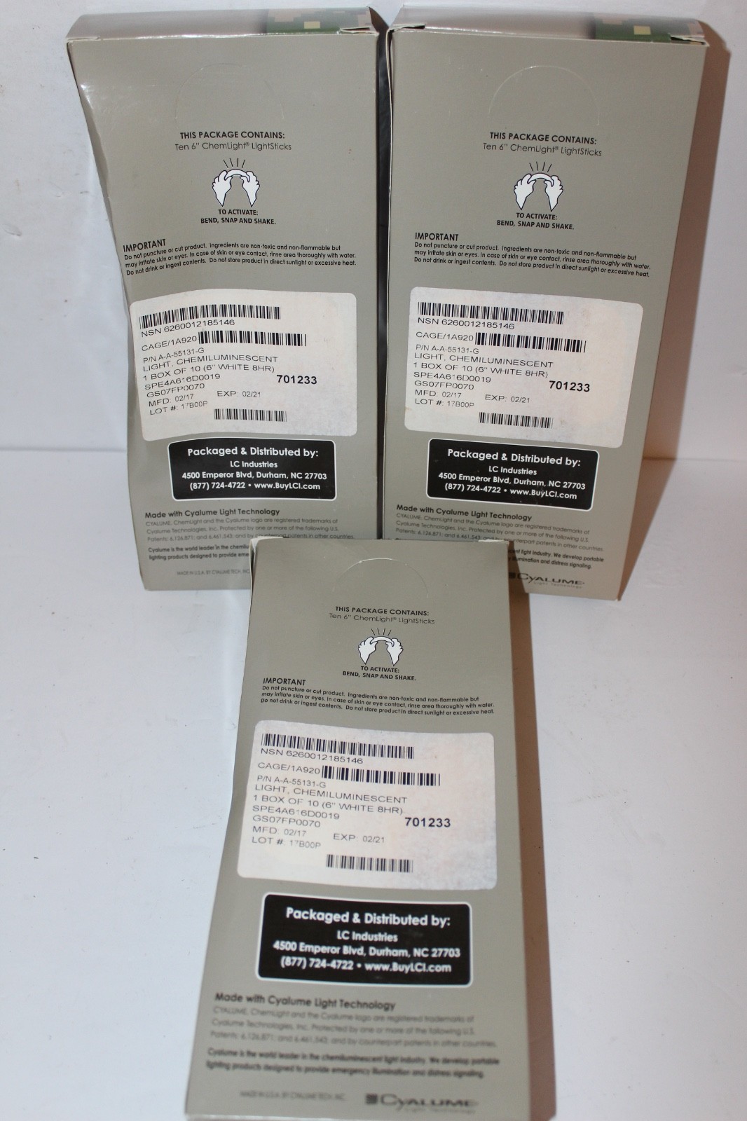 3 x LC Industries ChemLight 6 inch White Box of 10 Military Grade Glow Sticks