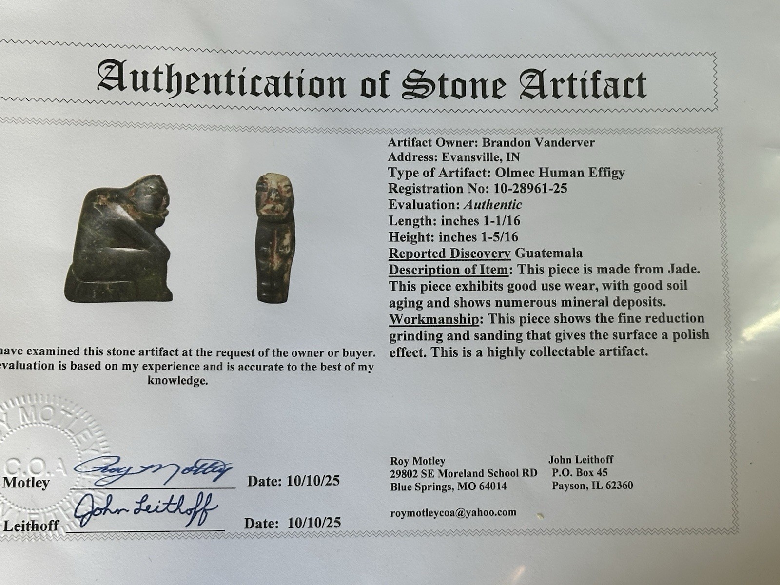 INCREDIBLE PRECOLUMBIAN HUMAN EFFIGY OLMEC JADE STATUE FIGURINE IDOL TOTEM, COA