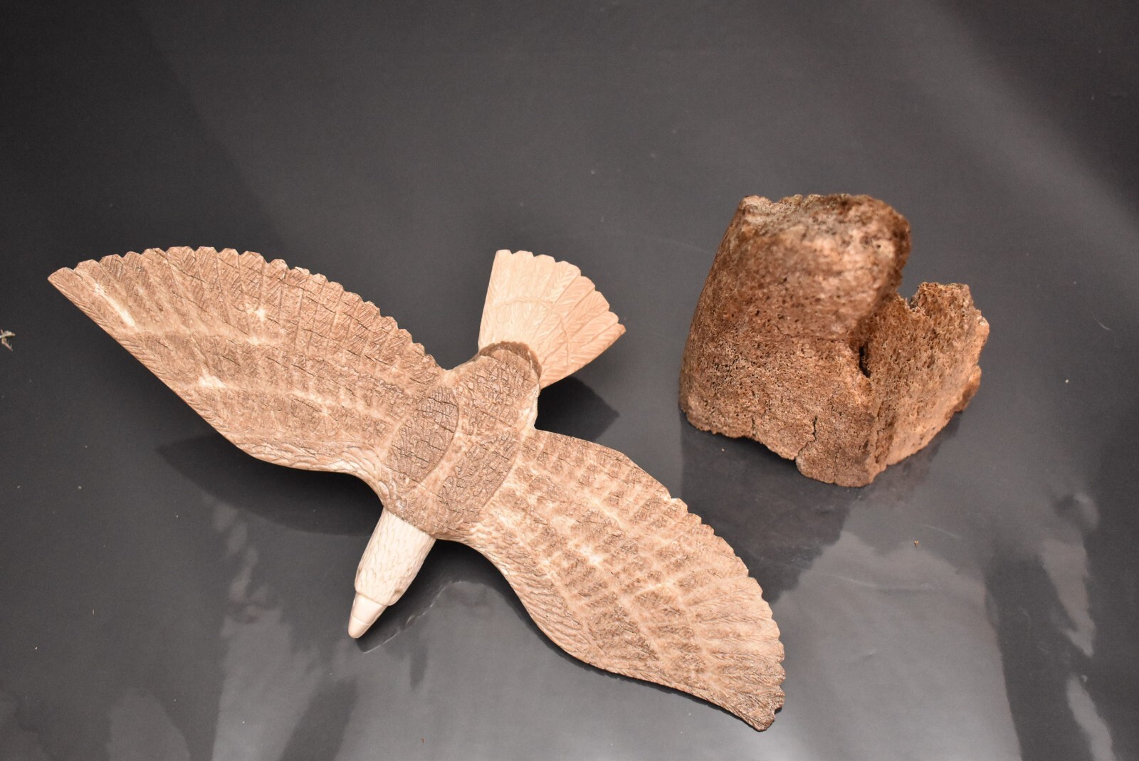 INUIT Figure Fossilized BUFFALO BONE CARVED EAGLE Northwest Coast Sculpture