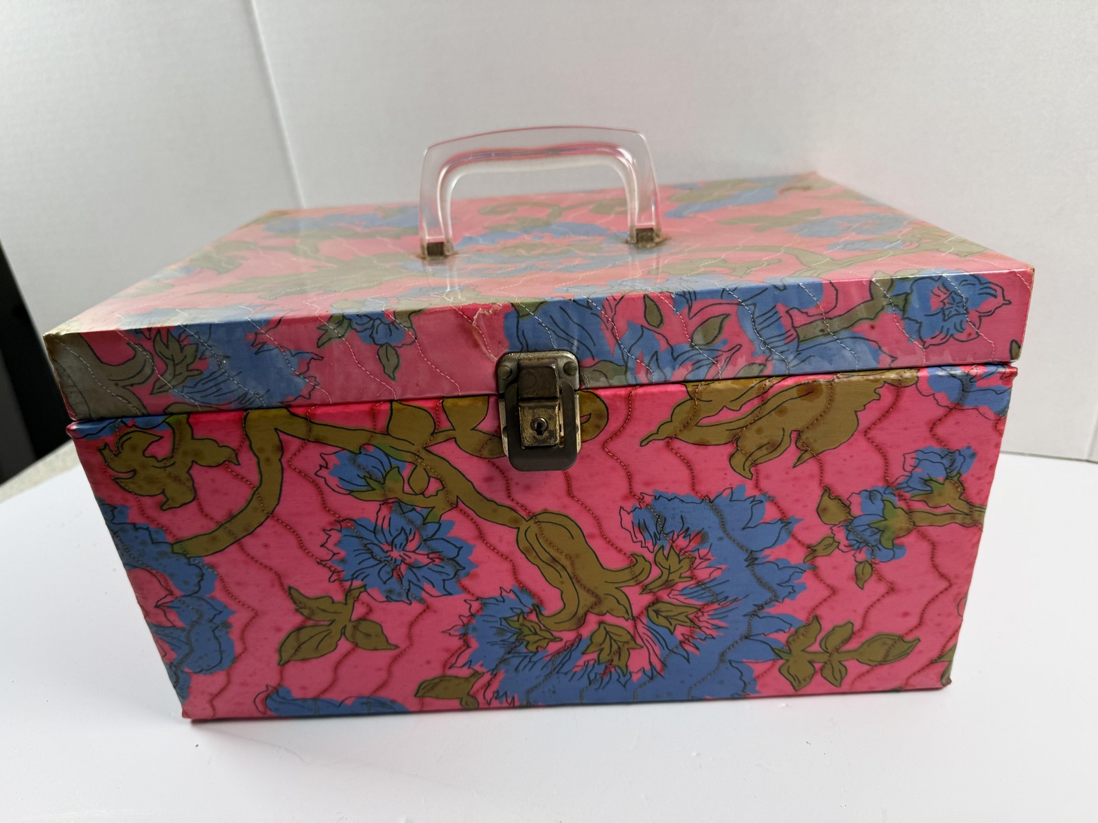 Vintage Sewing Box Kit Pink Floral Portable Sewing Case Box Organizer 60's
