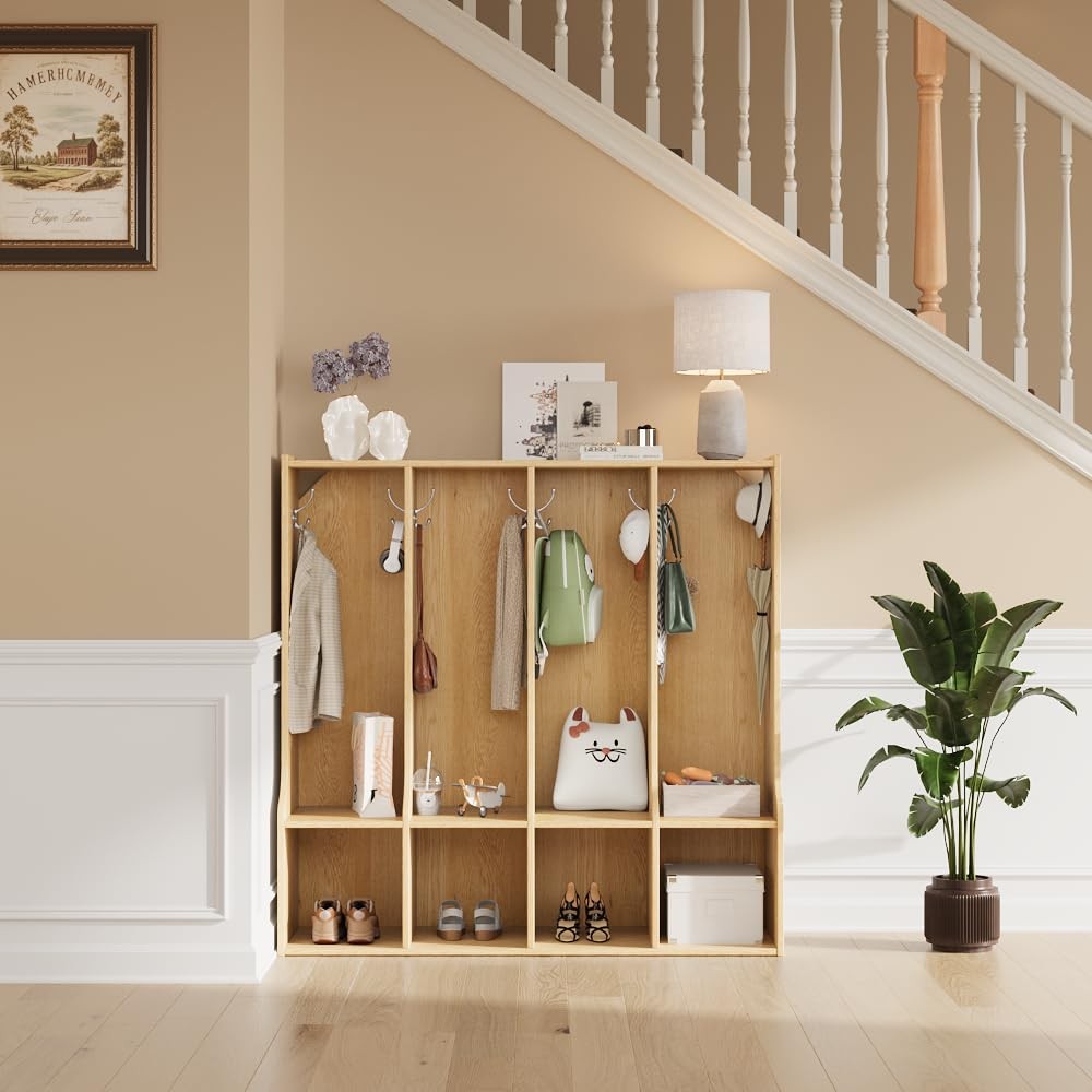 4-Section Classroom Coat Locker 4 Cubbies 8 Hooks Natural Oak for Home School