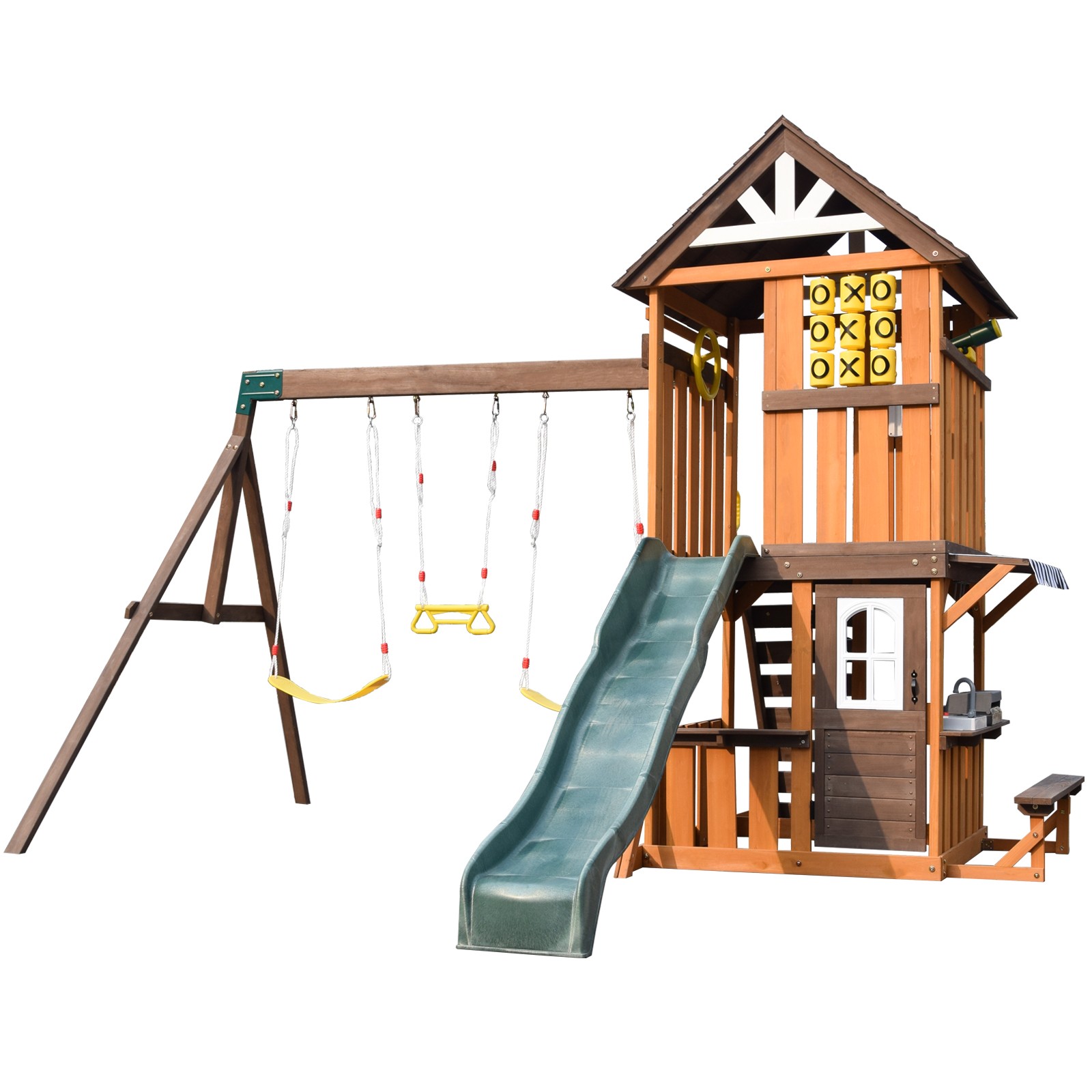 Large Wooden Kids Swing Slide Set Playhouse Kitchen,Rock Wall Outdoor Playground