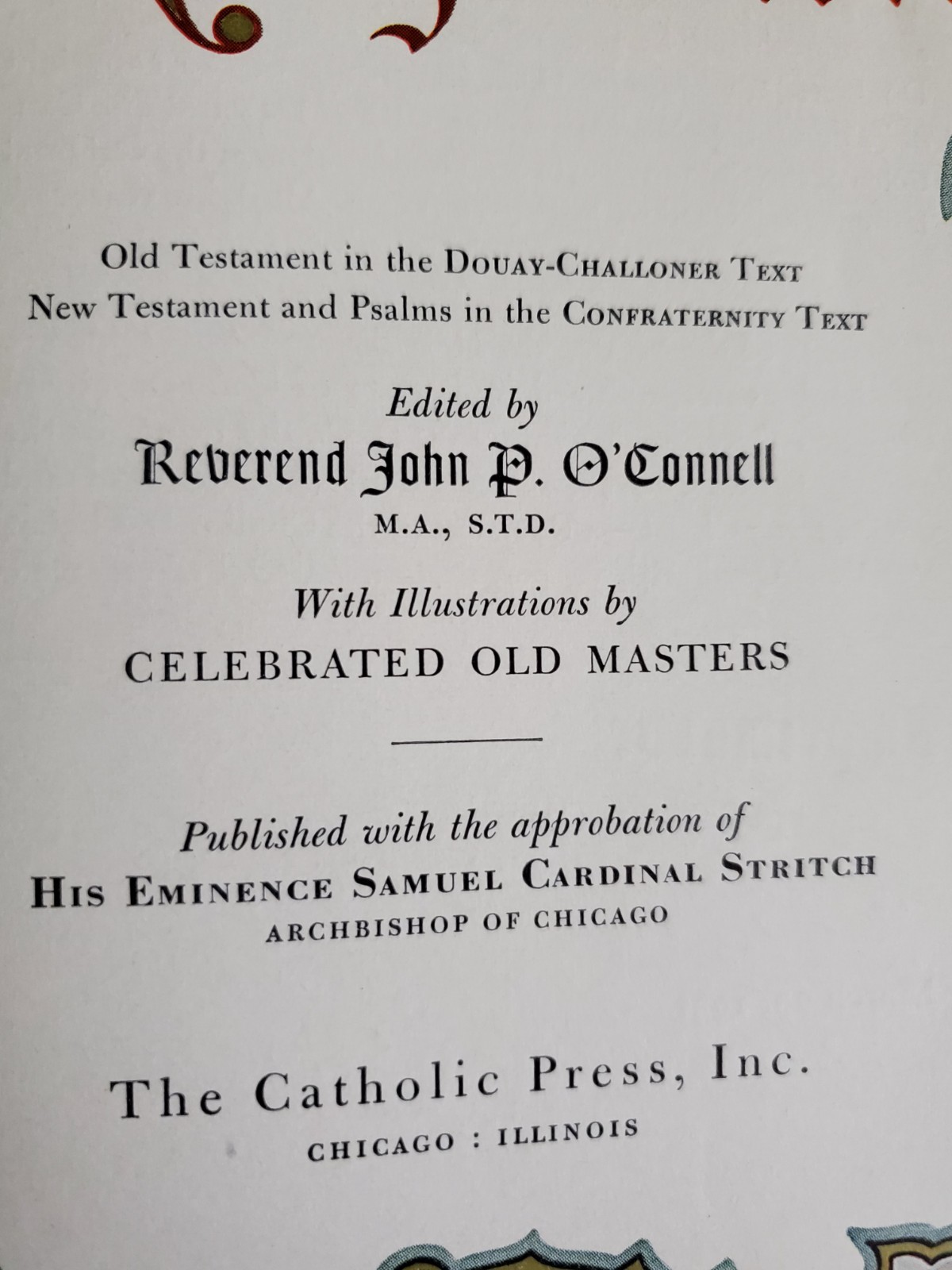 VTG Holy Bible Douay-Challoner & Confraternity Text 1951 White Illustrat Book