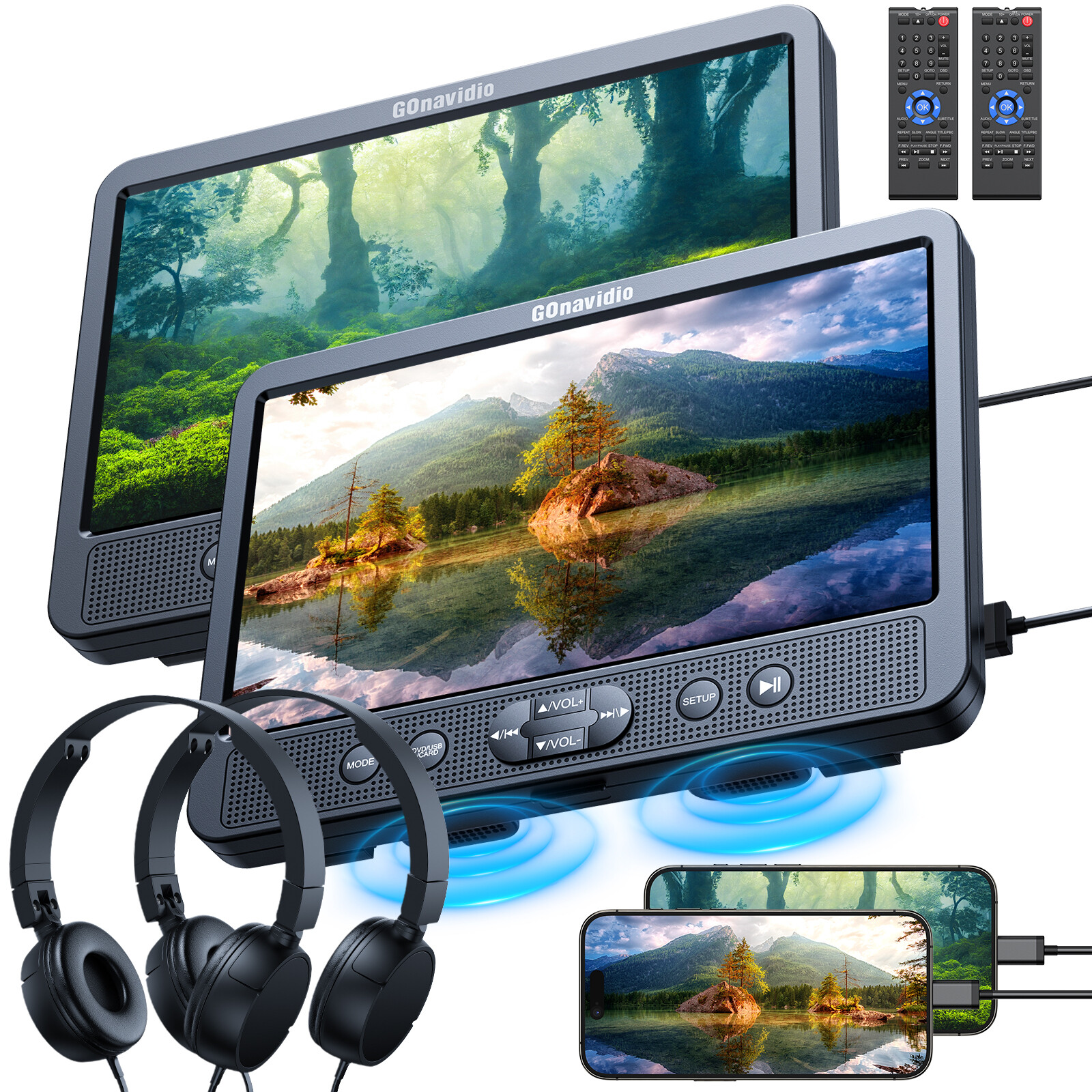 2X10.5" Full HD Screen Car Headrest DVD Player TV Monitor USB HDMI w/ Headsets