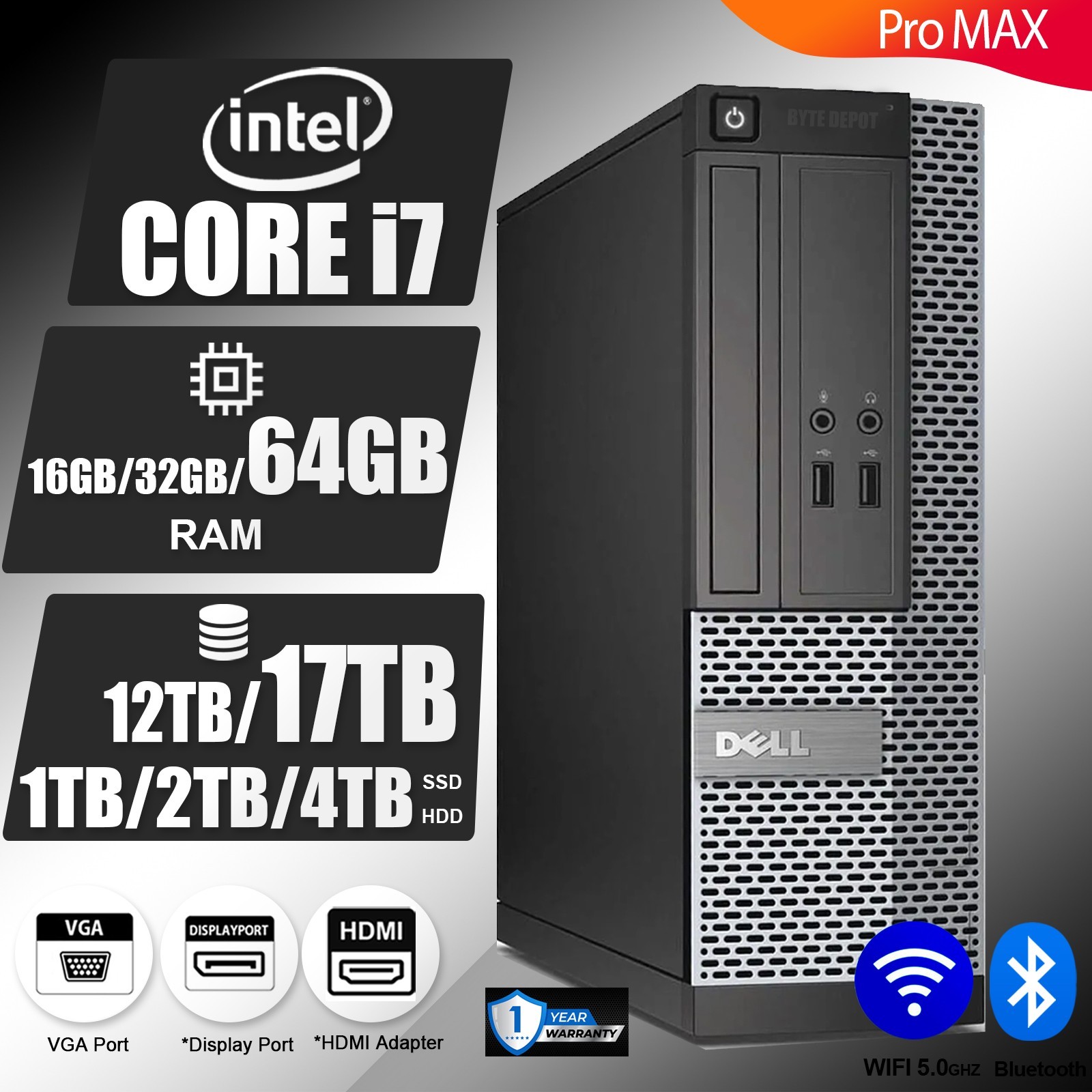 DELL Desktop Computer PC i7, up to 64GB RAM 16TB SSD/HDD, Windows, WIFI, DVD-RW
