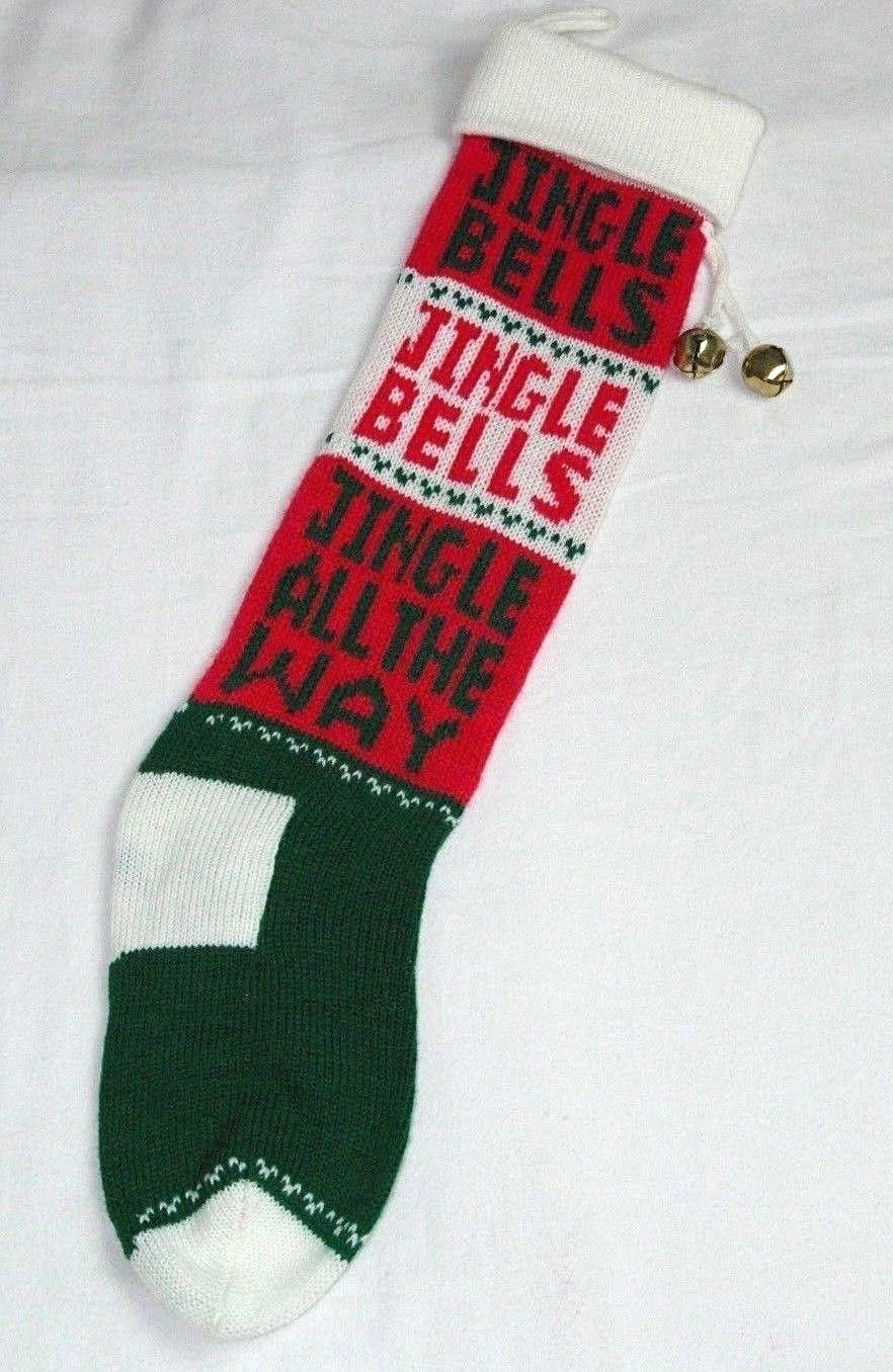 VINTAGE SWEATER KNIT OLD FASHIONED SOCK METAL JINGLE BELLS CHRISTMAS STOCKING