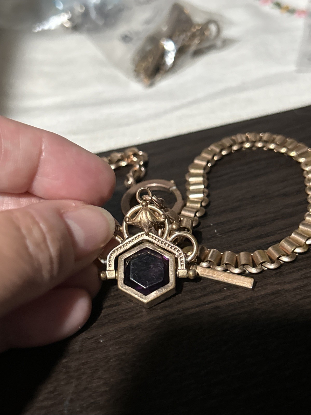 Victorian Rose Gold Fill Purple Watch Fob Spinner Book Link Chain Large Ring