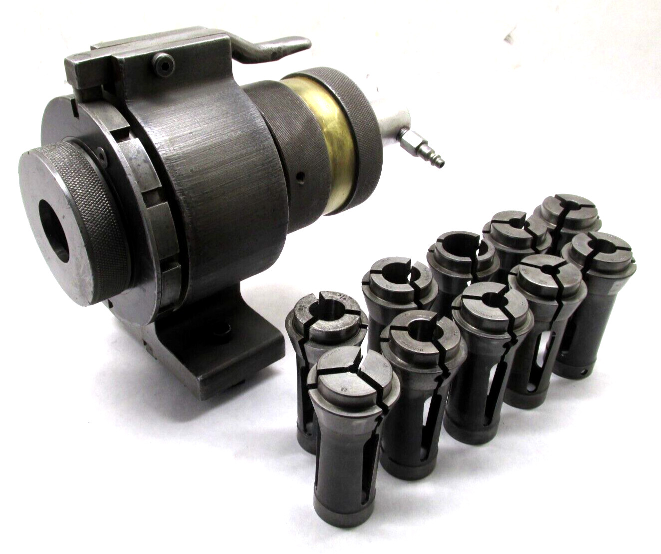 BROWN & SHARPE #22 COLLET PNEUMATIC CLOSER INDEXING FIXTURE w/ 10 COLLETS