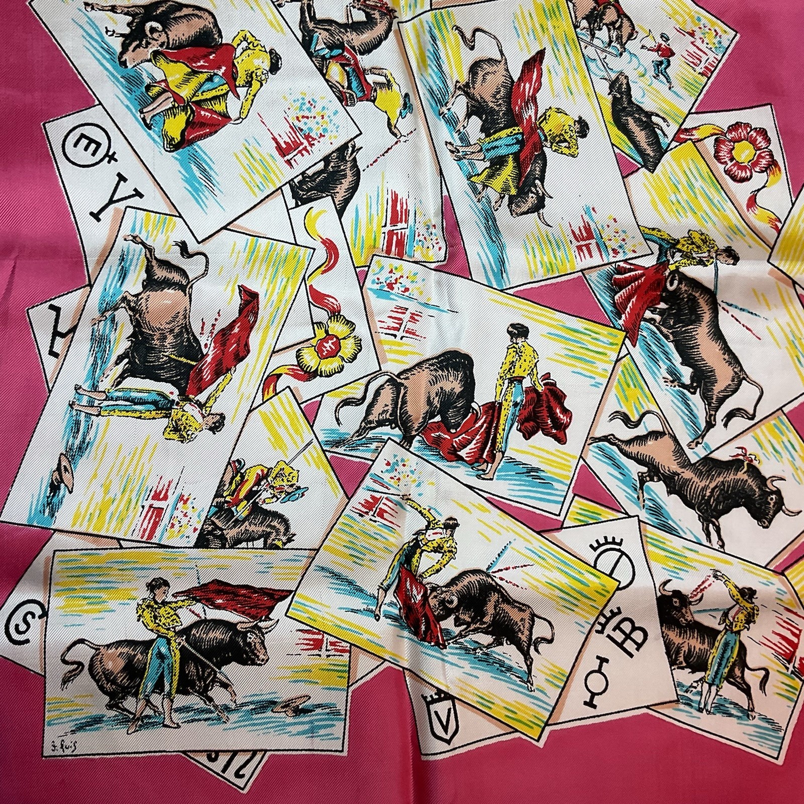 Vintage J Ruiz Scarf Matador Bull Fighter Pink Table or Fashion Large 34 inch Sq