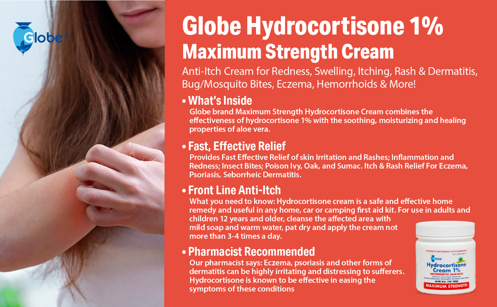 Globe Hydrocortisone Maximum Strength Cream 1% w/ Aloe, 16 oz, Anti-Itch Cream!