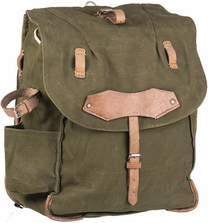 Vintage Romanian Army Canvas Backpack W Leather Shoulder Straps 18" x 13" x 5