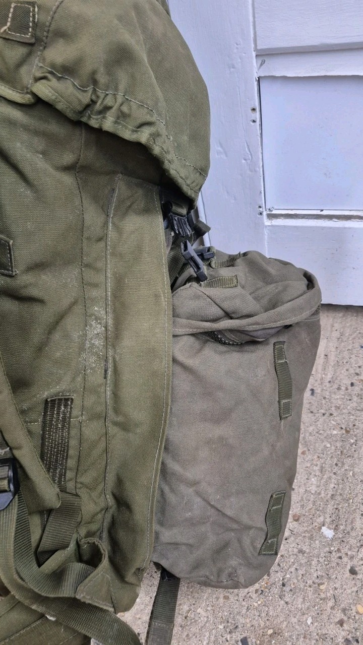 Genuine British Army 120L Bergen Olive Long Back + Side pouches 1990