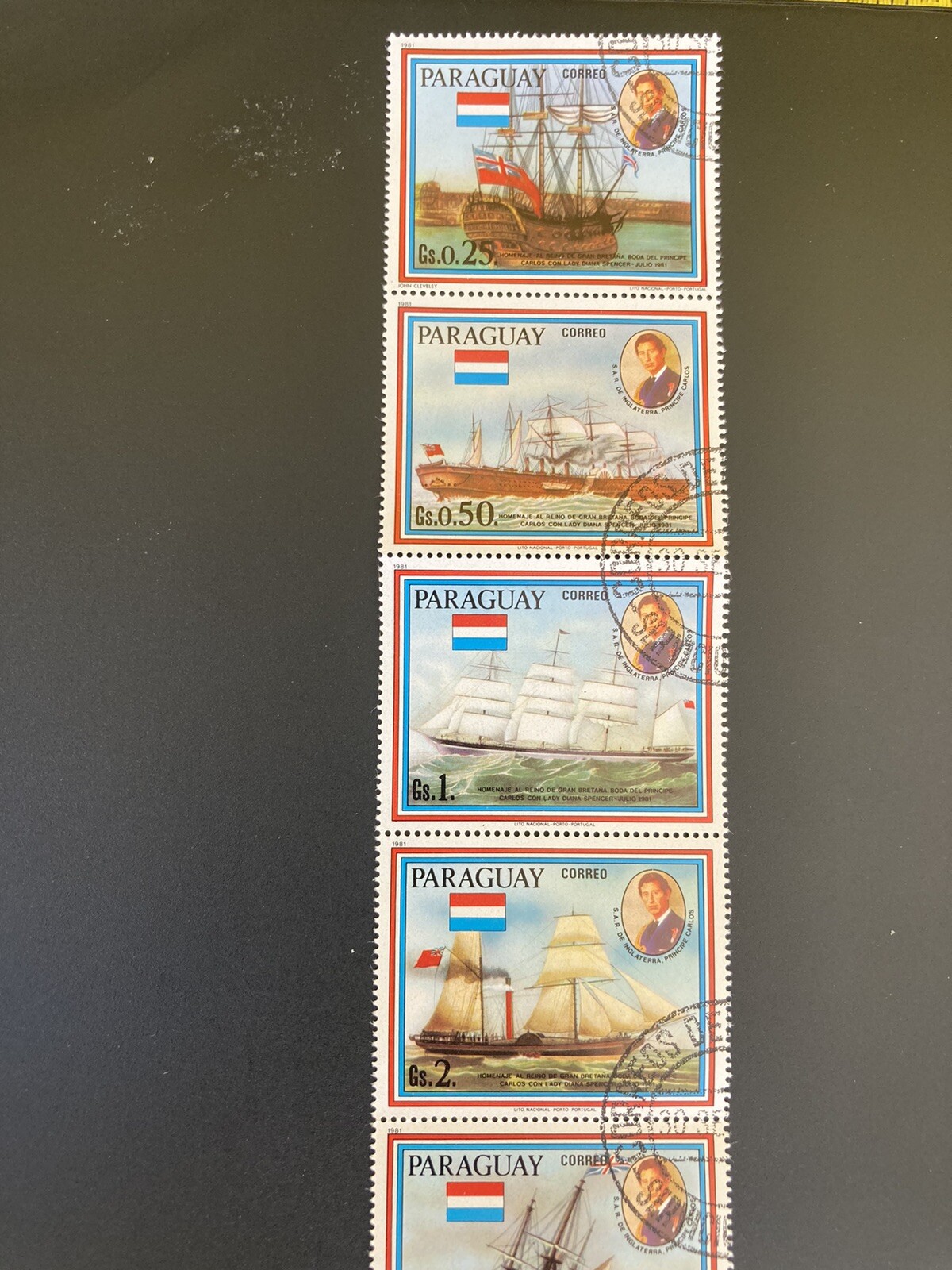 Paraguay: Strip of 7 Ships, different, used Lot #B01-022203