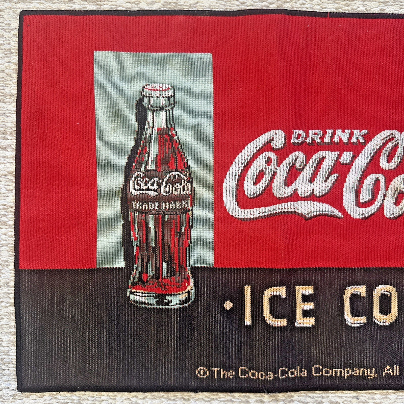 Drink Coca Cola Ice Cold Set of 4 Cloth Table Placemats Red Vtg Coke Ad ~18”x13”