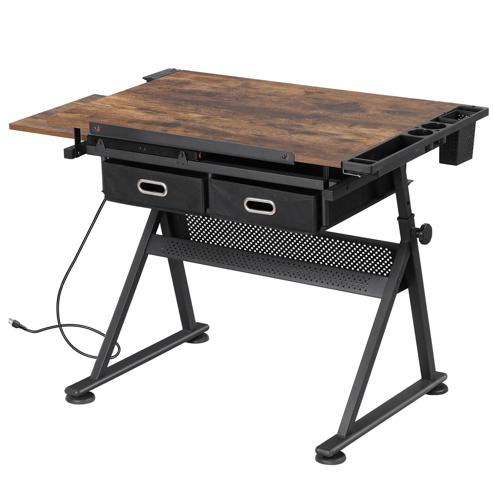 Drafting Table Drawing Desk Adjustable Tabletop w/Charging Station & Stool Retro