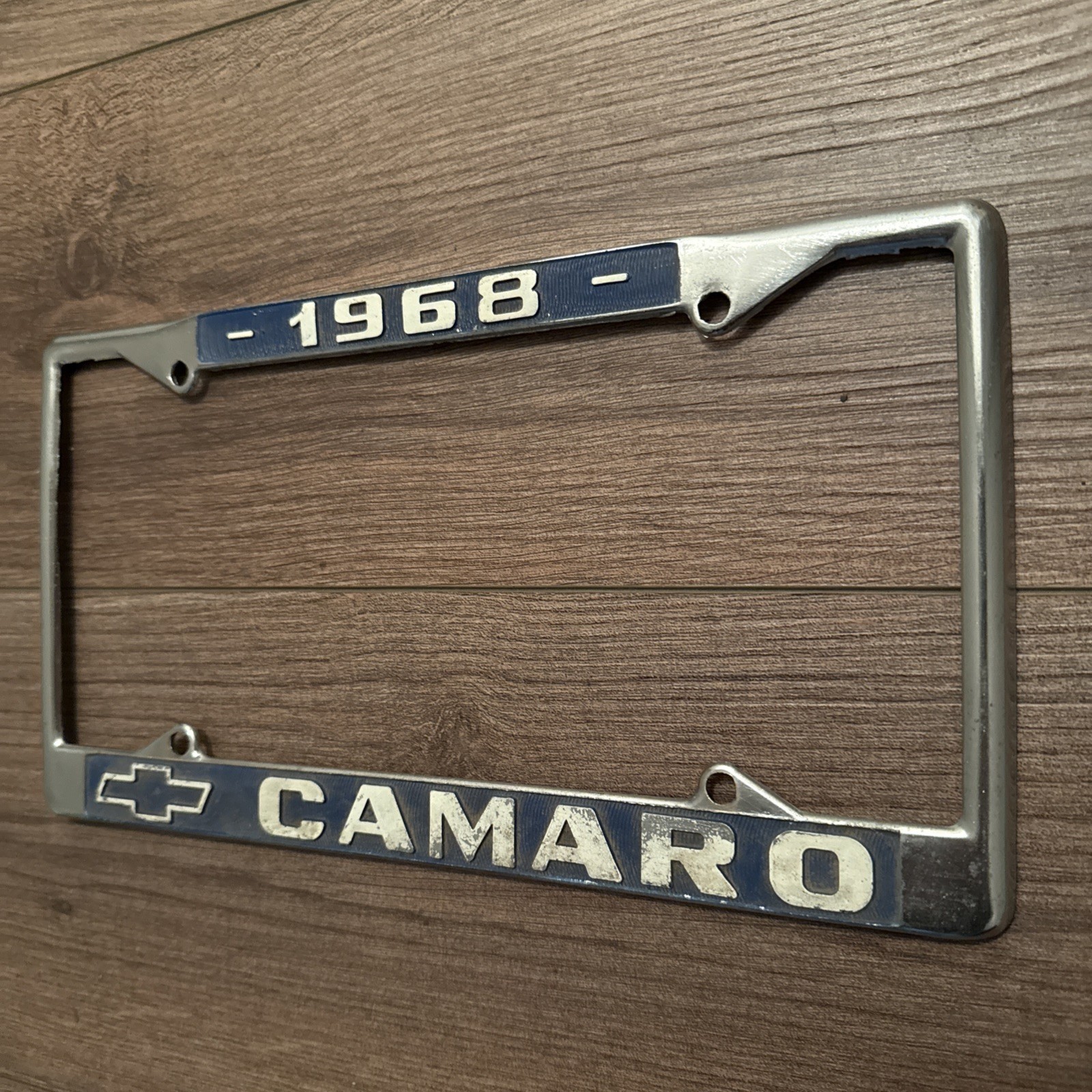 Vintage 1968 Chevrolet Camaro License Plate Frame Chevy Chrome And Blue