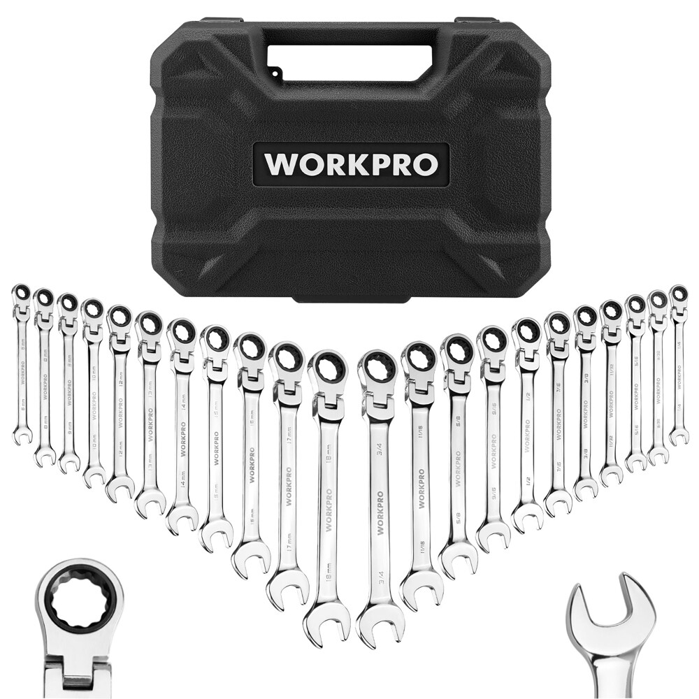 WORKPRO 22PC Ratcheting Wrench Set 72-Teeth Flex-Head Ratchet Combination Wrench