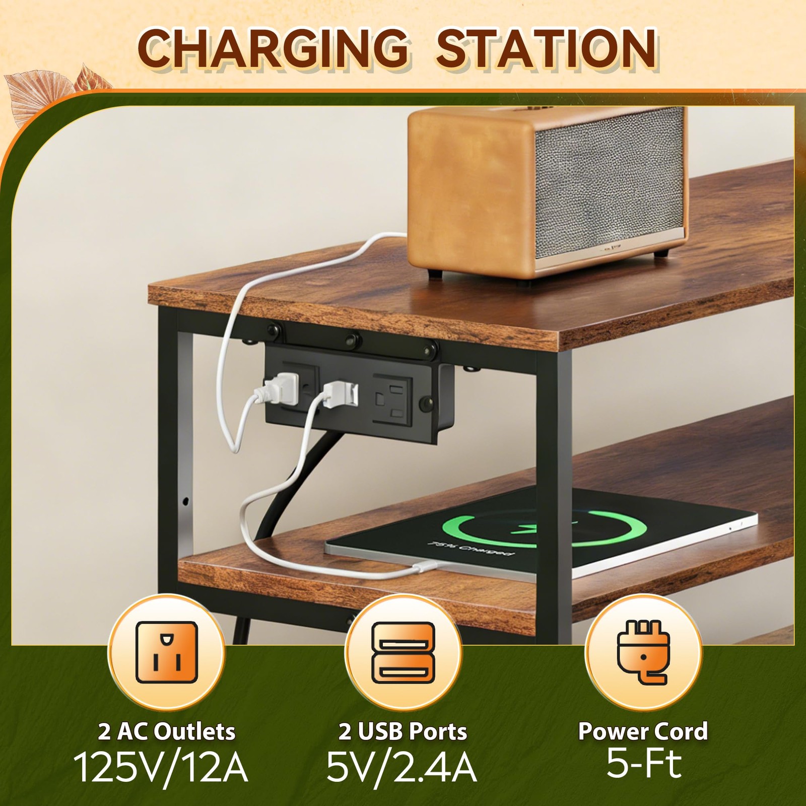 TV Stand for 40 45 inch TV with LED Lights Charging Station 6 Drawers