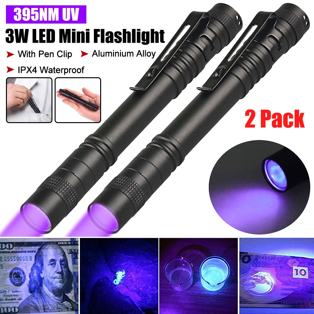 2x Handheld UV Pen Light Ultra Violet LED Flashlight Torch 395nm Blacklight Lamp