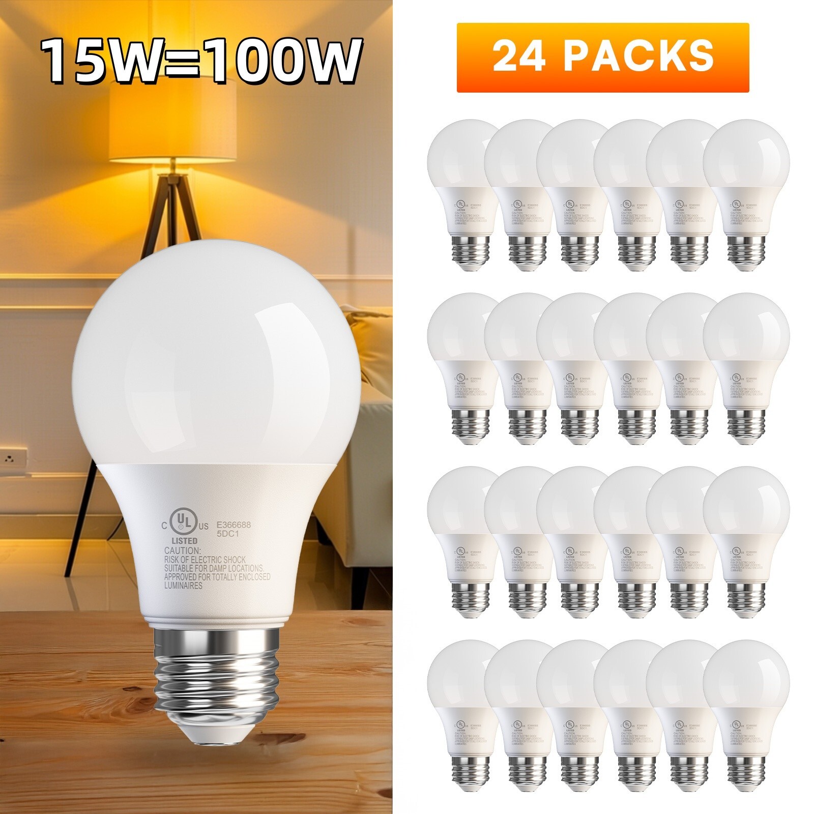 100W Equivalent LED Light Bulb 1500 LM A19 5000K Daylight NonDimmable 12/24Pack