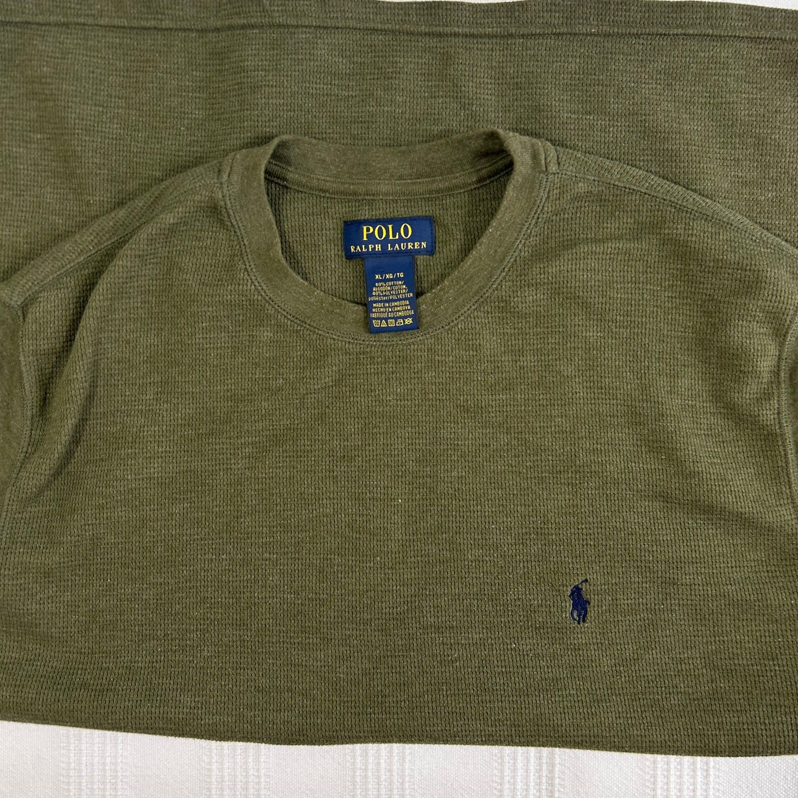 Polo Mens XL Thermal Shirt Ralph Lauren Olive Waffle Knit LS Cotton Blend