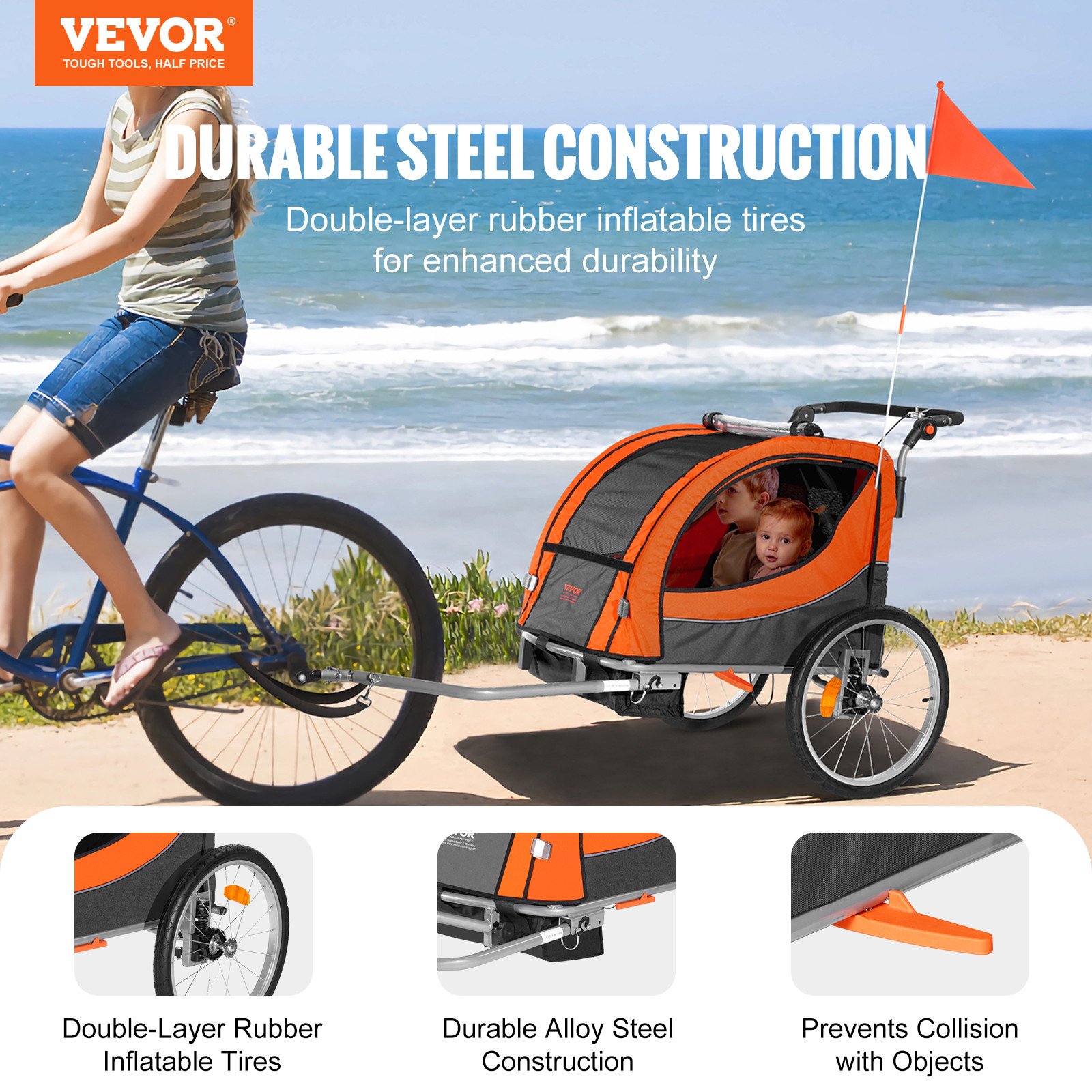 VEVOR Child Bike Trailer Foldable 2 Seater Stroller Double Kids Carrier 100 lbs