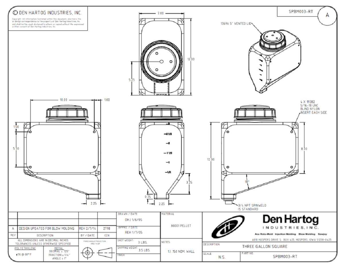 SPBM003-RT Ace Roto-Mold 3 Gallon Rectangle Rinse Tank With 5" Lid, 7x12x15