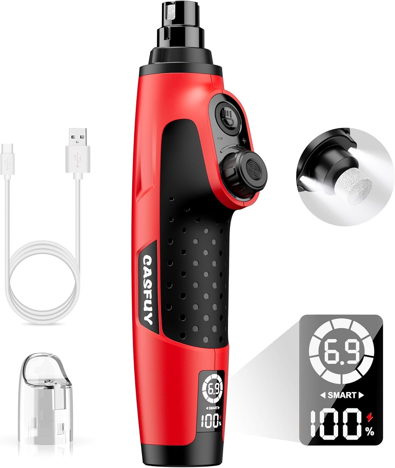Casfuy Smart 6-Speed Dog Nail Grinder 50% More Power 2 LED Lights Quiet Red NEW