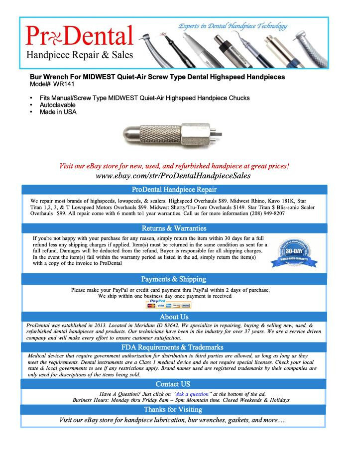 Bur Wrench For MIDWEST Quiet-Air Screw Type Dental Highspeed Handpieces