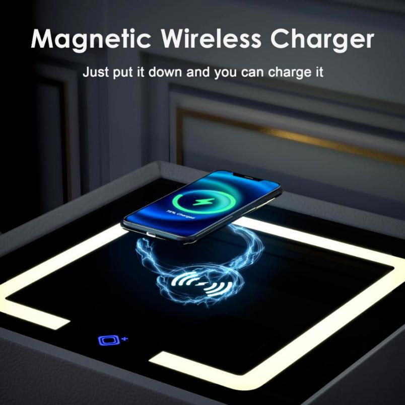 Multifunctional Smart Nightstand Safe Lock Box 3-Color Light Wireless Charging