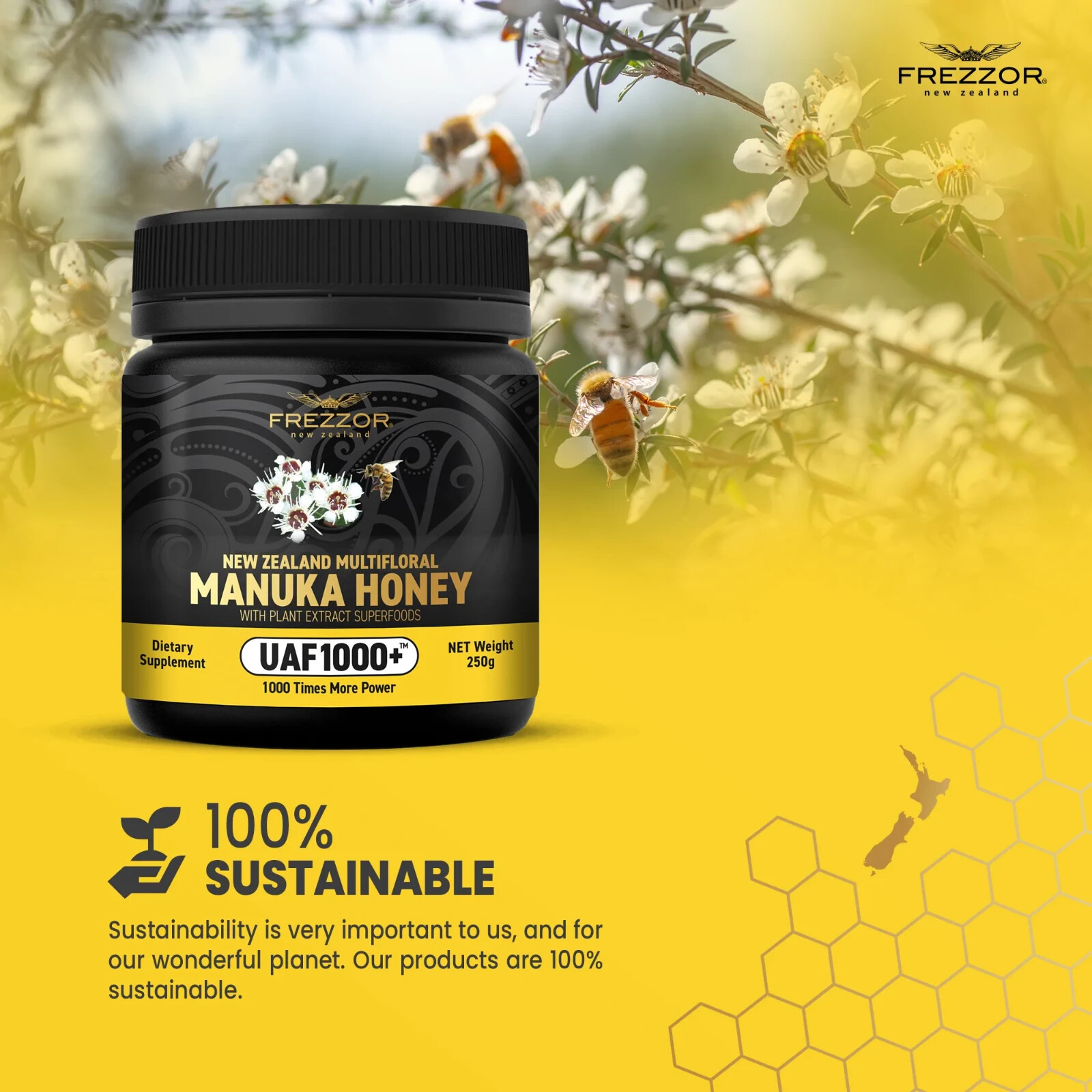 FREZZOR NEW ZEALAND MULTIFLORAL MANUKA HONEY UAF1000+, Cold & Flu Symptom Relief