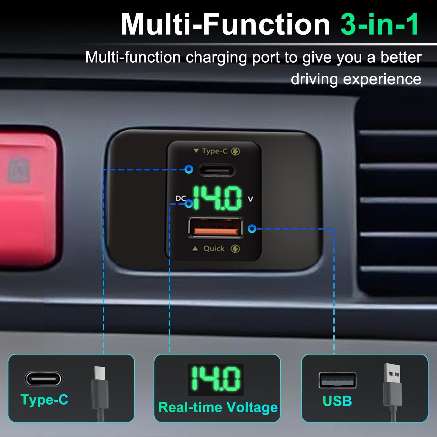 Clock Substitute with Voltmeter and USB Fast Charger for 1997-2001 Honda CR-V
