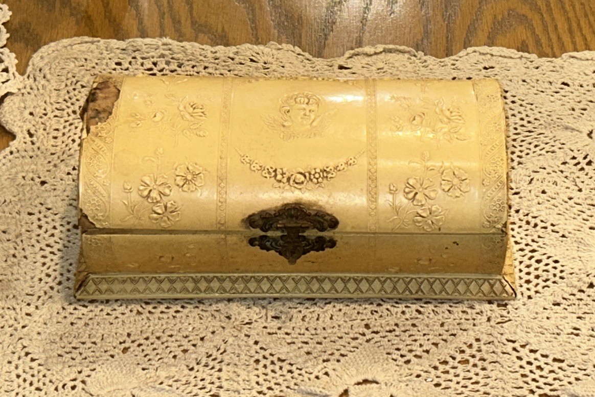 Antique Jewelry Box Engraved Angel Celluloid Wrapped Wood 9x 3.75 Oval Quite Old