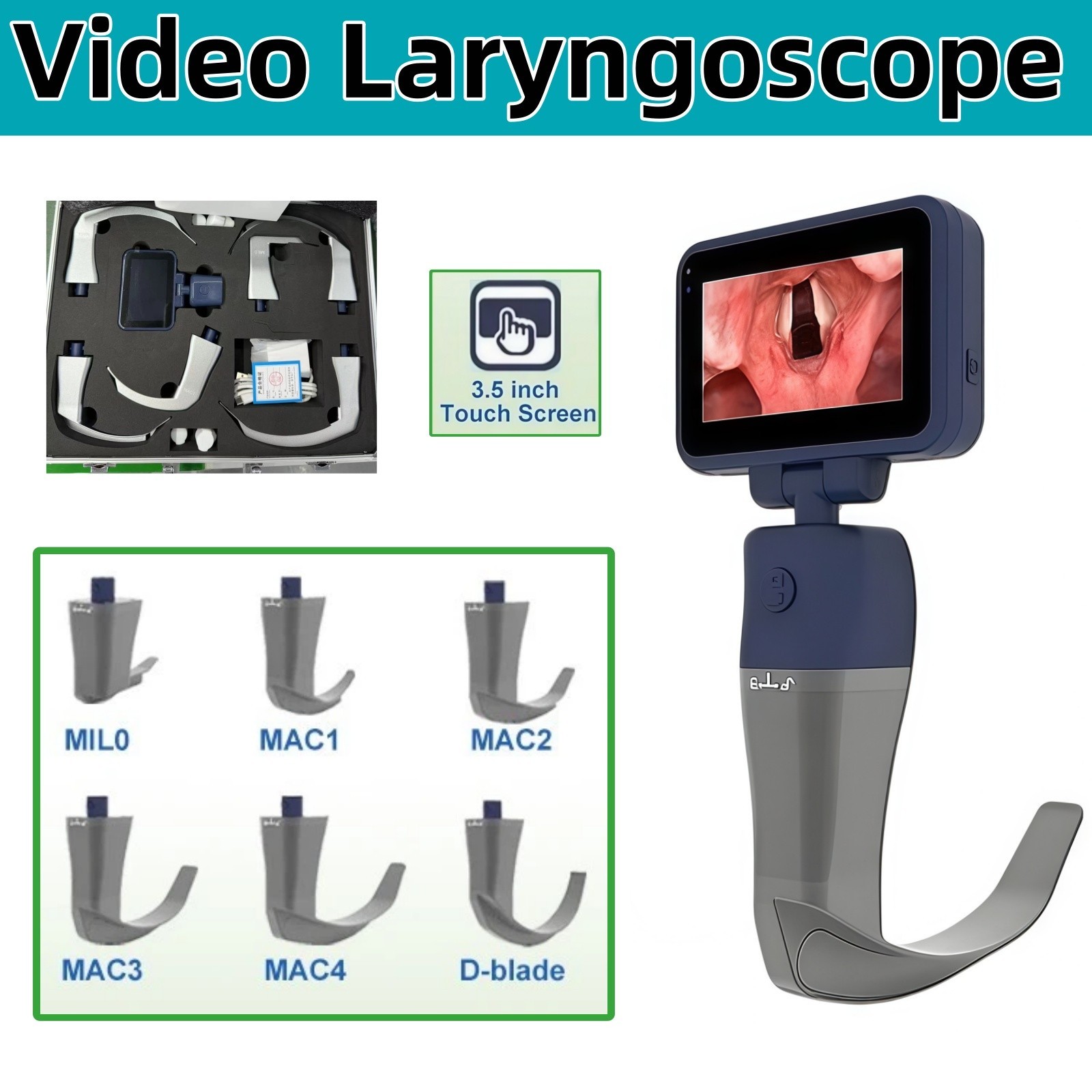 Touch screen  Digital Video Laryngoscope Reusable Sterilizable Blades Waterproof