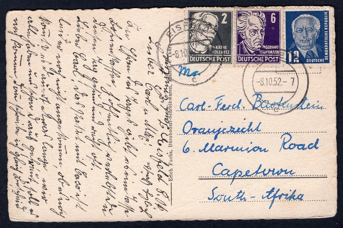 GERMANY 1952 DDR & Soviet Zone Stamps Mixed Franking on Postcard to South Africa