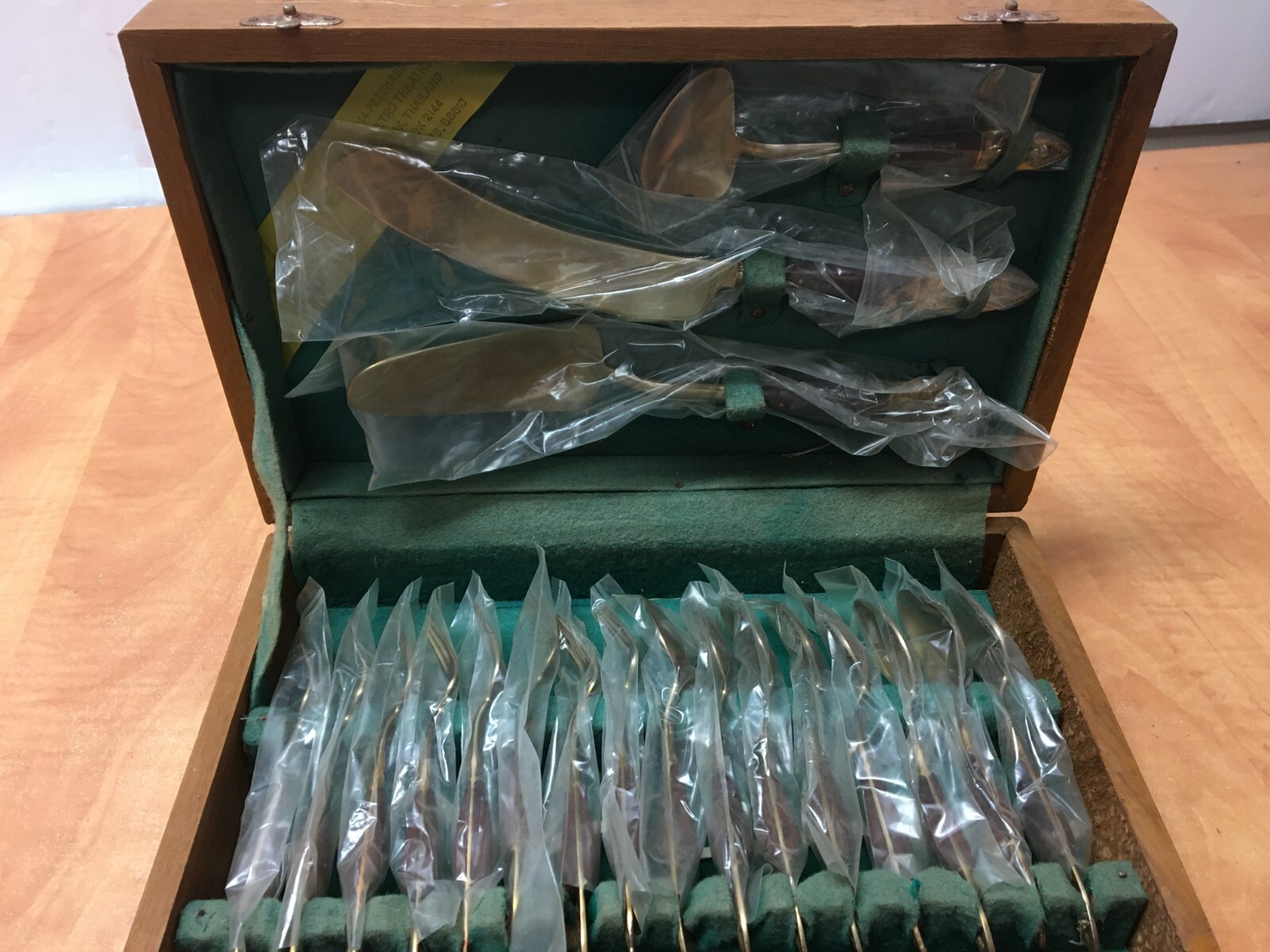 Bronzeware Flatware Set Wood Case From Bangkok Thailand - 19 pieces