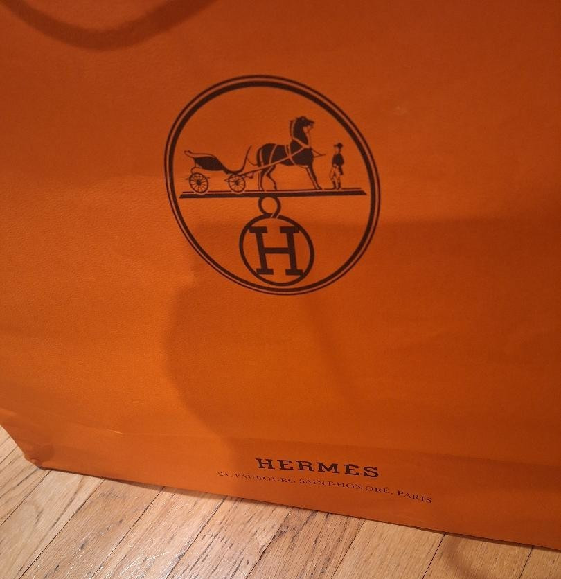 Authentic HERMES Large Orange Box 18"W x 15"L x 4" H, Shopping Bag & 70" Ribbon