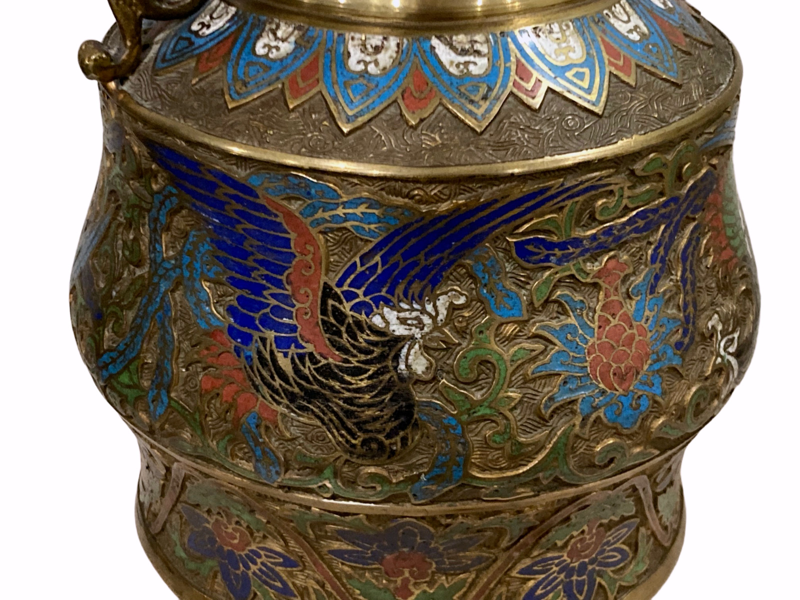 Antique Vintage Rare Shape Lrg Japanese Champleve Cloisonne Enamel Handled Vase