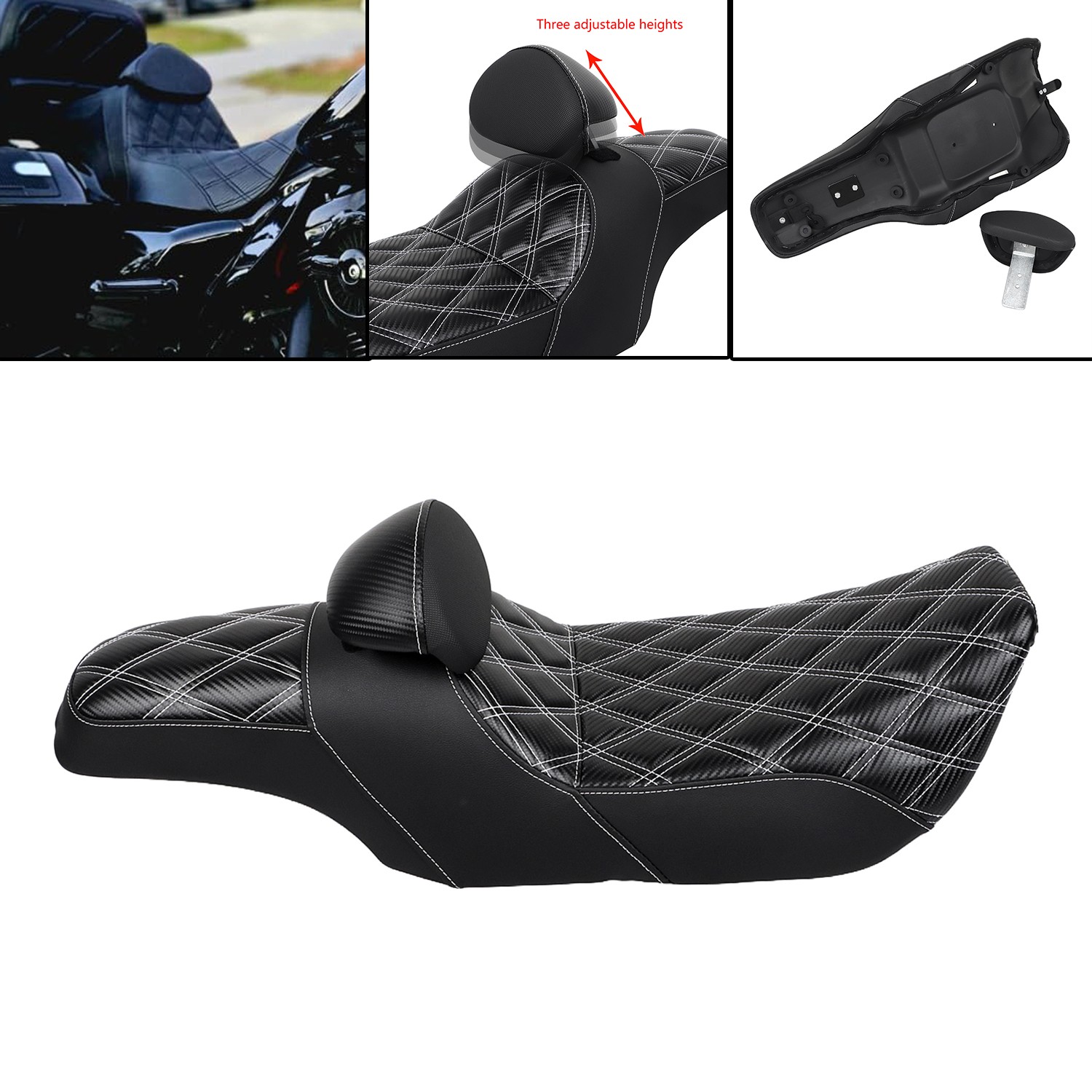 White Diamond Driver Passenger 2-Up Seat w/ Backrest For Harley Road King 97-07