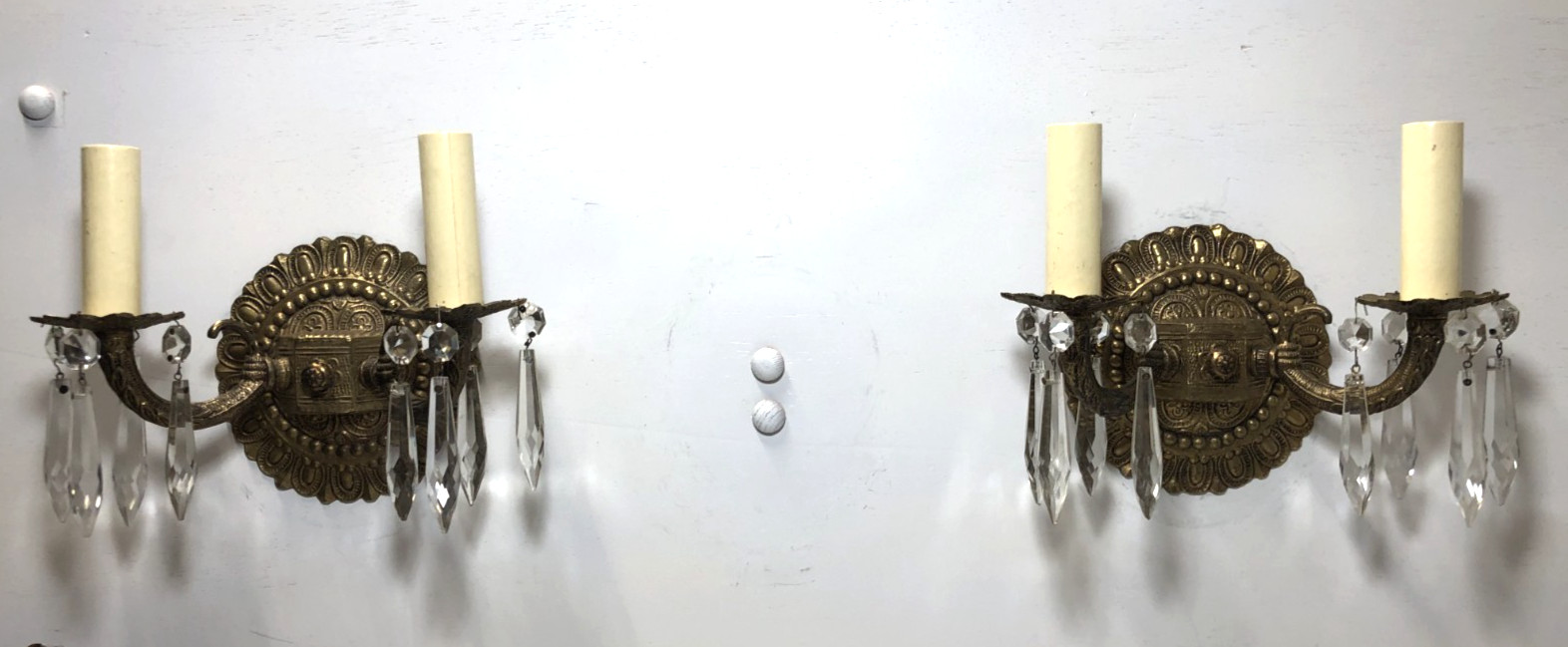 Vtg Wall Sconce Pair Brass Light Fixture French Art Glass Prism Spain MCM #L10