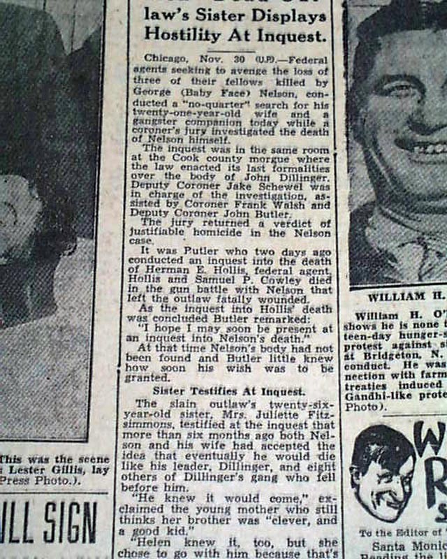 BABY FACE NELSON KILLED Bank Robber Battle of Barrington PHOTO 1934 Newspaper