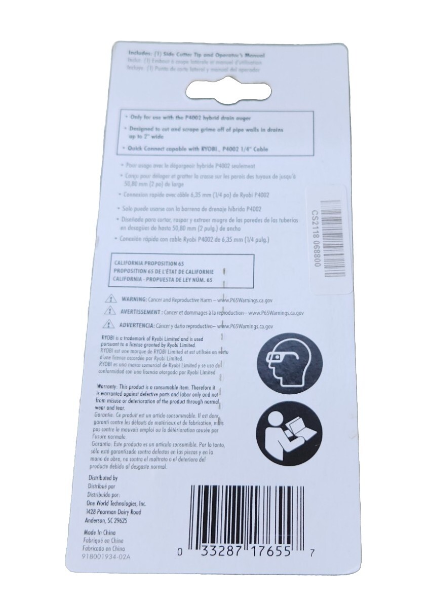 Ryobi P4002 Auger Side Cutter Tip Replacement Drain Cut Part